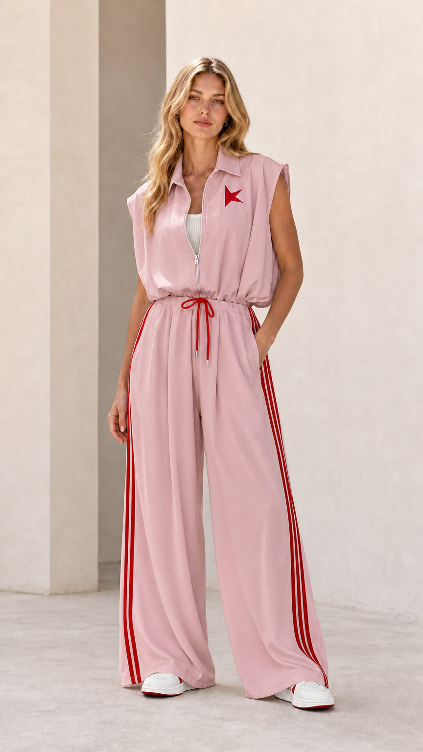 Front view of model wearing dusty pink sleeveless wide-leg track jumpsuit with red stripes