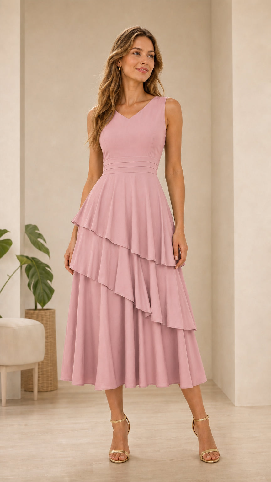 Elegance Tiered V-Neck Midi Dress in Pink