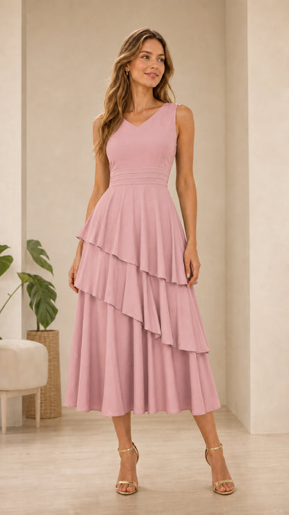 Elegance Tiered V-Neck Midi Dress in Pink