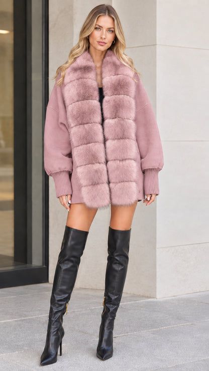 Front view of woman wearing dusty pink faux fur trim cardigan coat