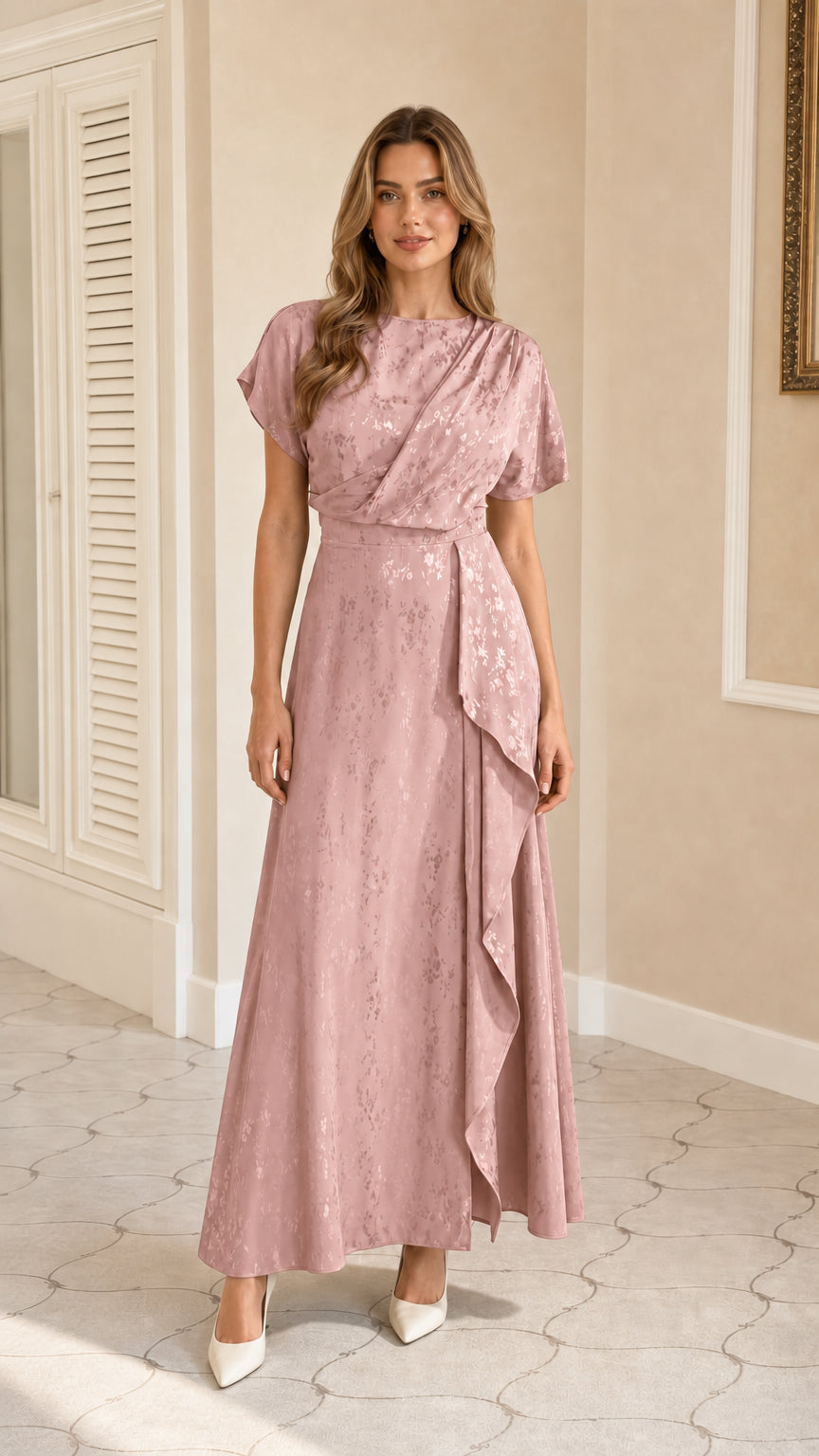 Front view of pink draped ruffle maxi dress
