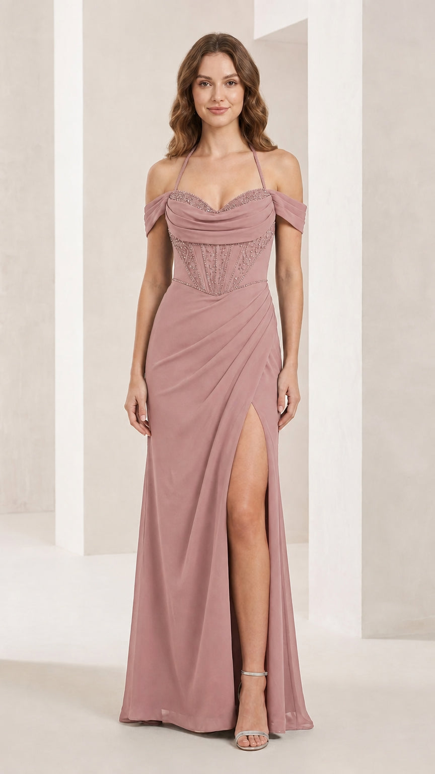 Front view of dusty rose evening gown