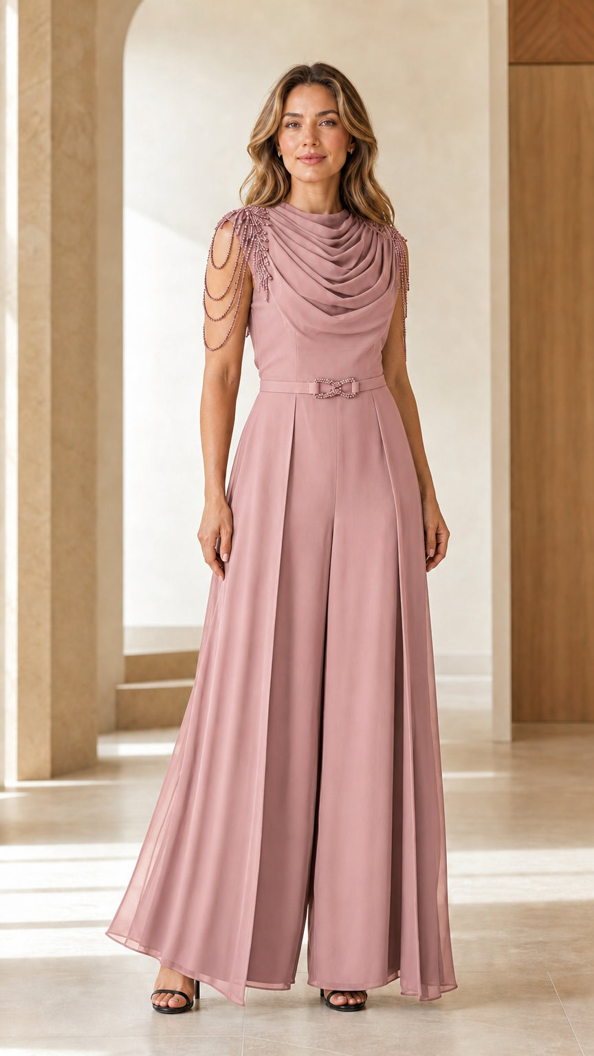 Dusty rose cowl neck wide-leg formal jumpsuit with shoulder beadwork