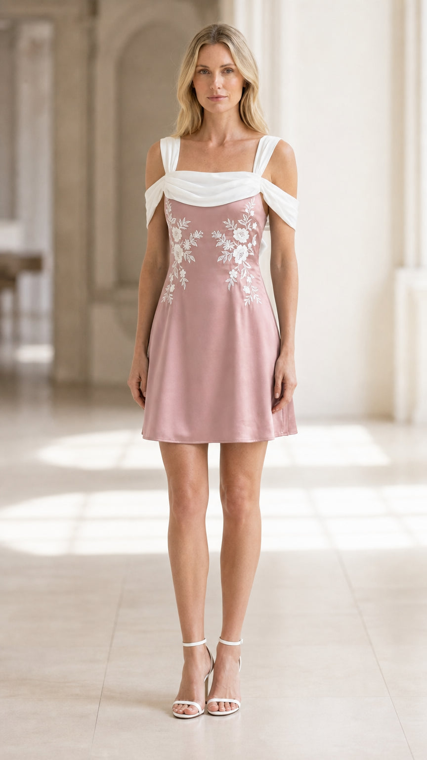 Front view of dusty rose embroidered mini dress