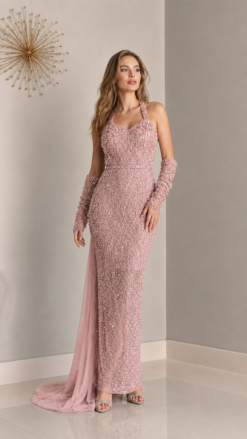 Front view of dusty rose embellished evening gown