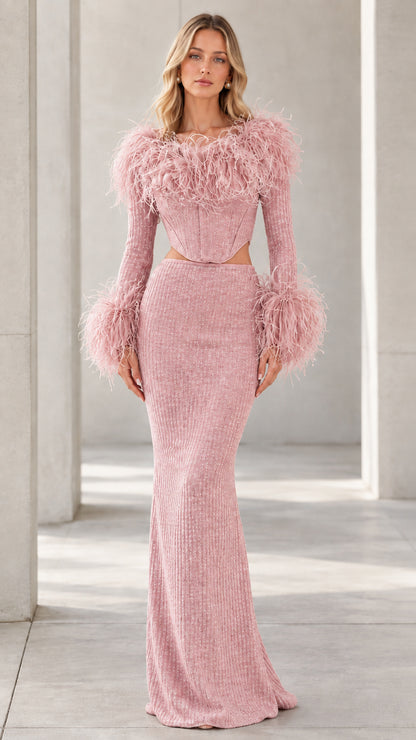 Front view of model wearing Blush Pink feather-trim corset maxi dress