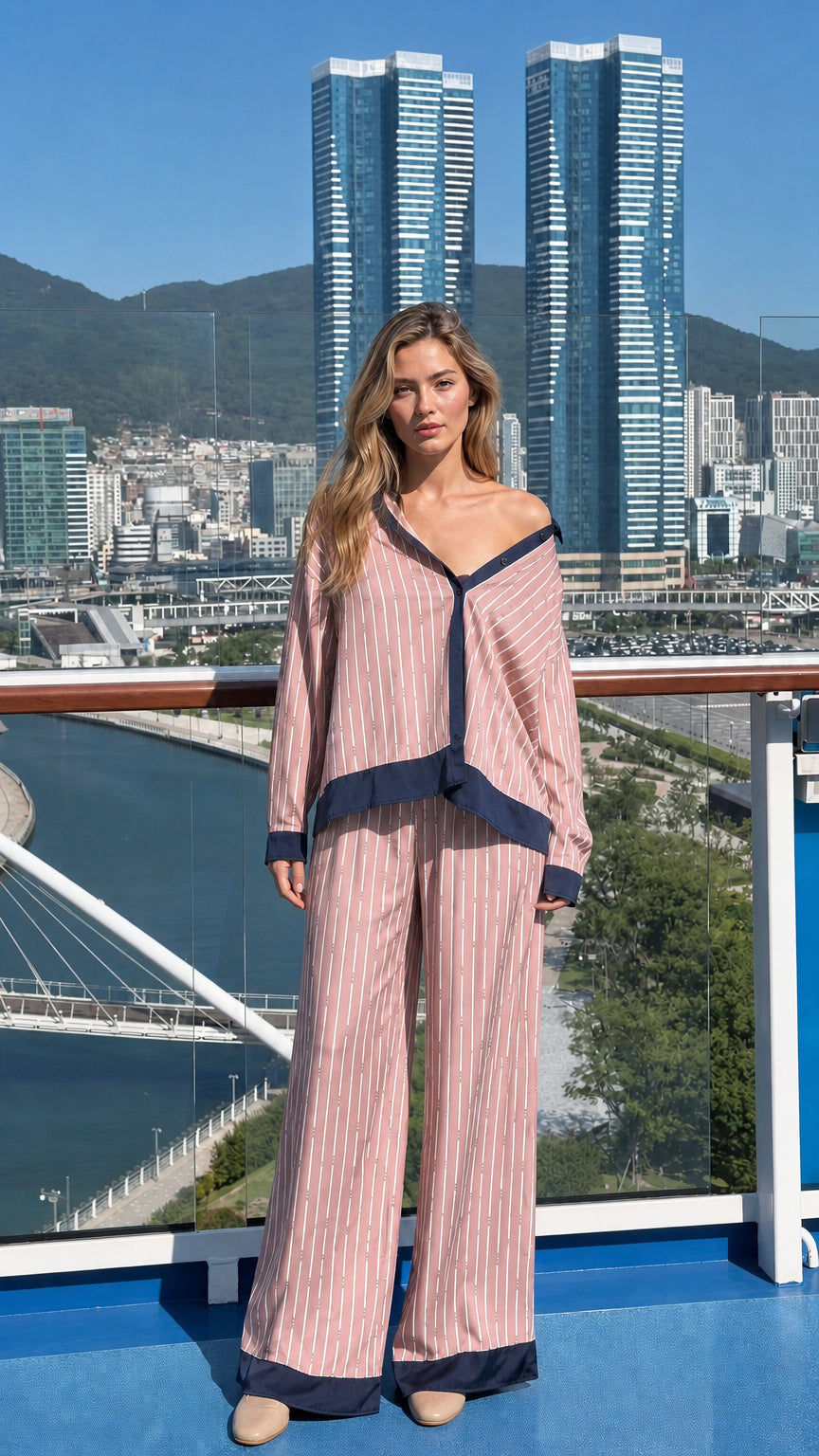 Woman wearing pink striped matching set