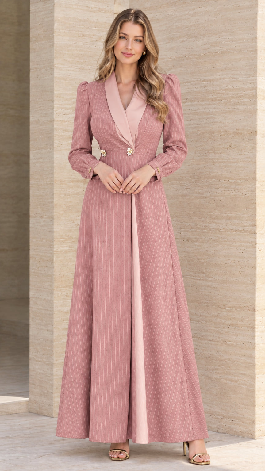 Front view of dusty pink pinstripe maxi blazer dress with light pink lapel