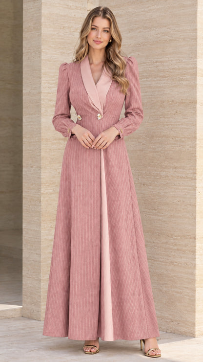 Front view of dusty pink pinstripe maxi blazer dress with light pink lapel