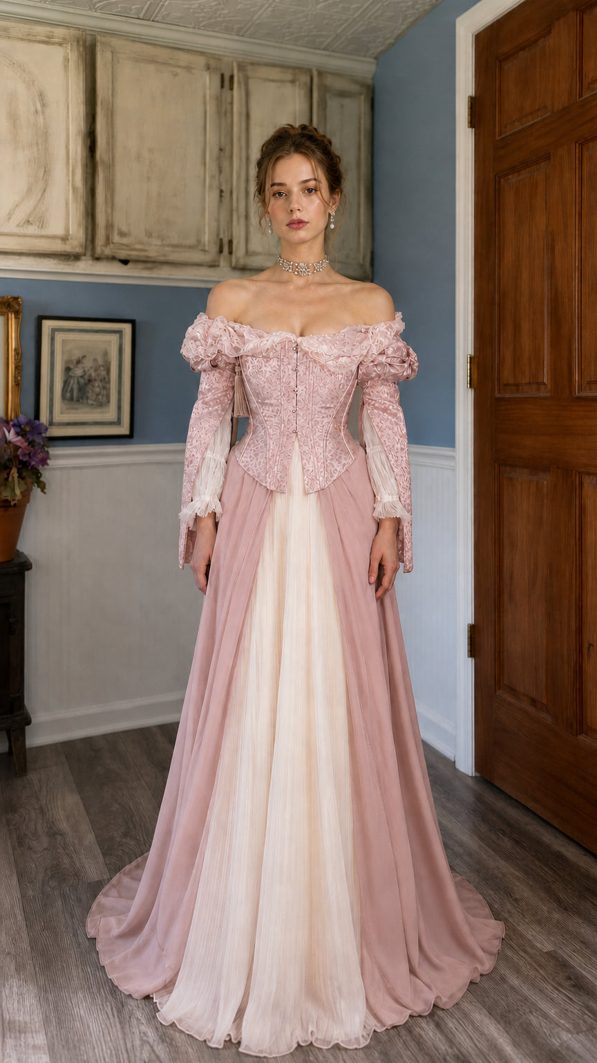 Front view of dusty pink Renaissance off-shoulder corset maxi dress