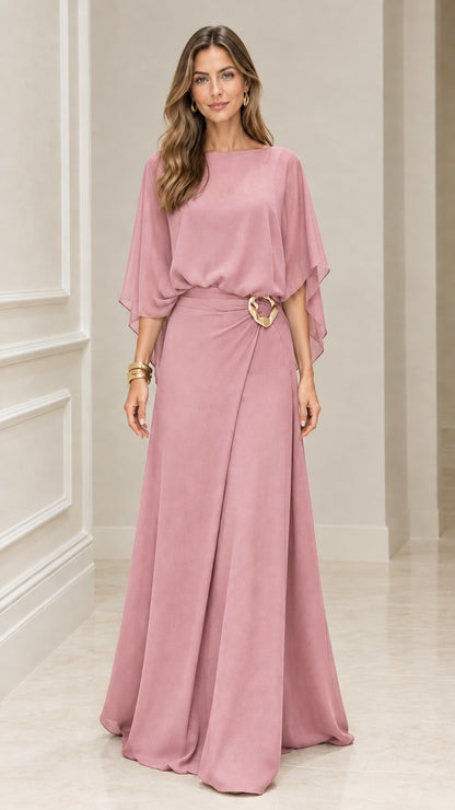 Front view of Dusty Rose draped cape sleeve formal maxi dress