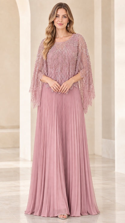 Dusty rose beaded capelet pleated maxi evening gown