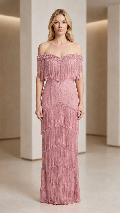 Front view of woman wearing pink off-shoulder beaded fringe evening gown