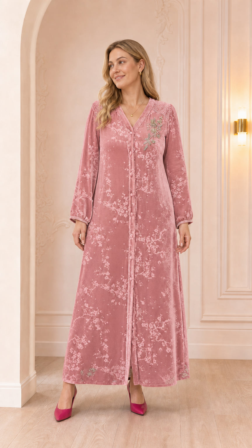 Full-length view of dusty pink floral beaded velvet maxi dress
