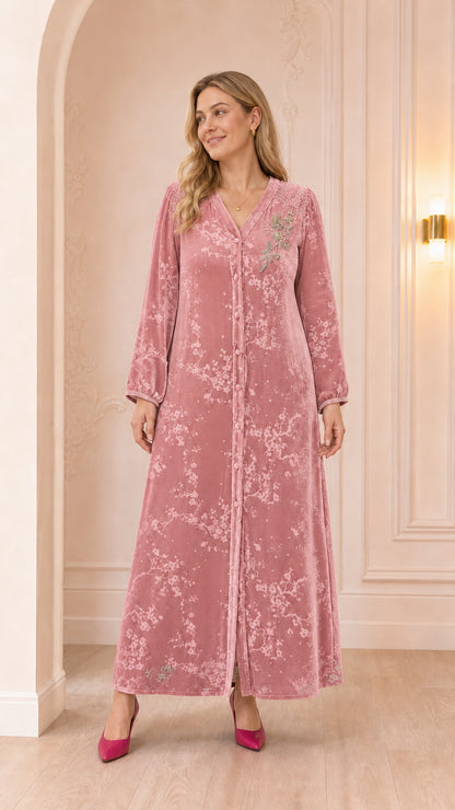 Full-length view of dusty pink floral beaded velvet maxi dress