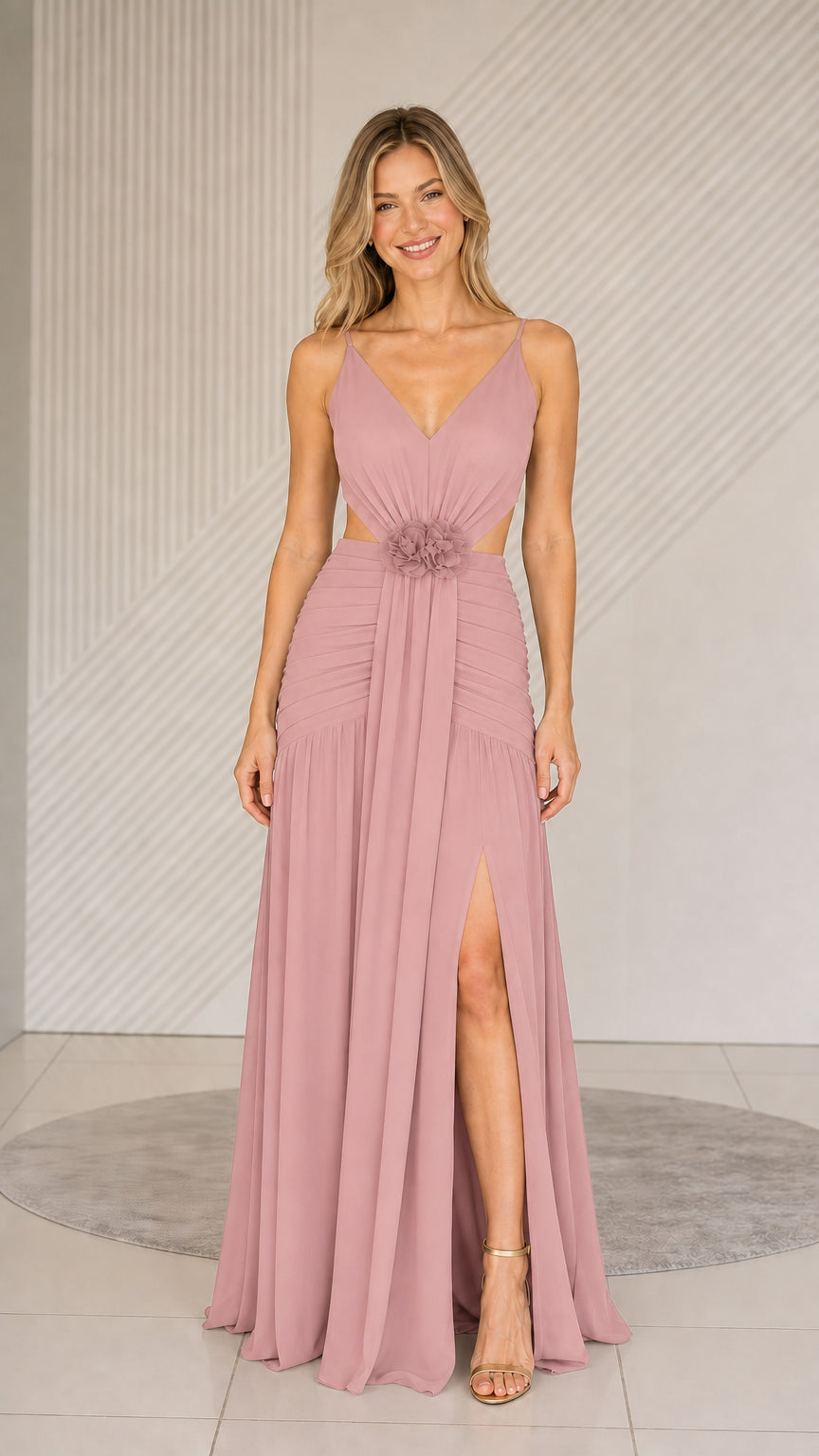 Dusty Rose formal cutout maxi dress front view