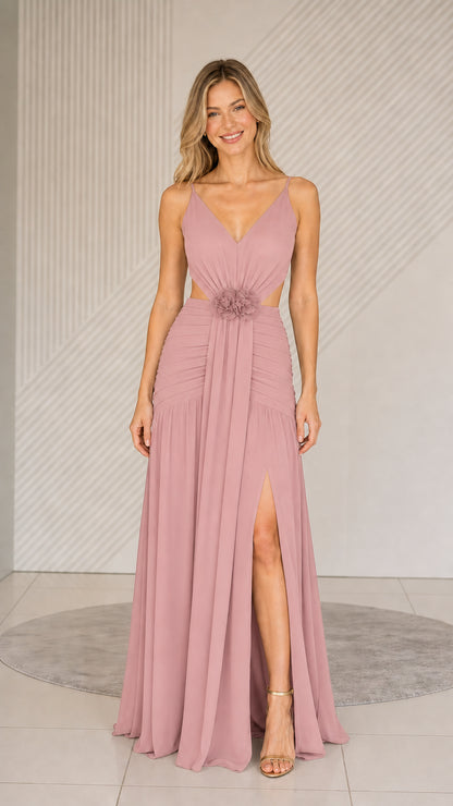 Dusty Rose formal cutout maxi dress front view