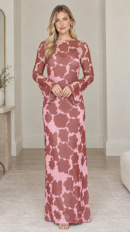 Front view of floral print boat neck maxi dress in Dusty Rose