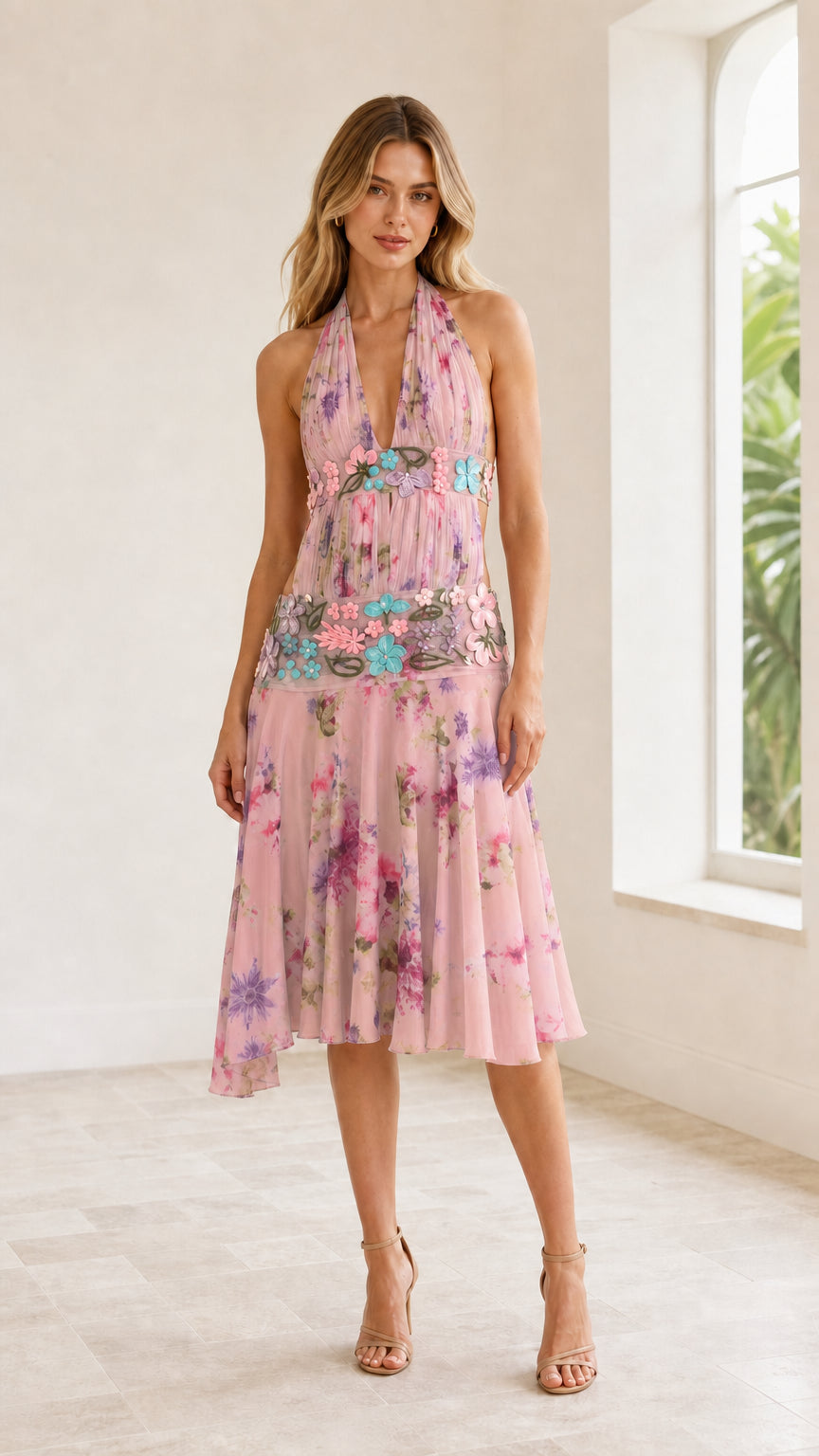 Front view of model wearing Pink floral halter cutout midi dress