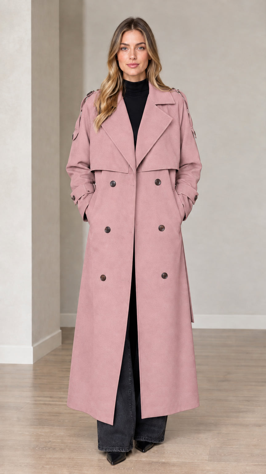 Front view of woman wearing dusty pink double-breasted long trench coat