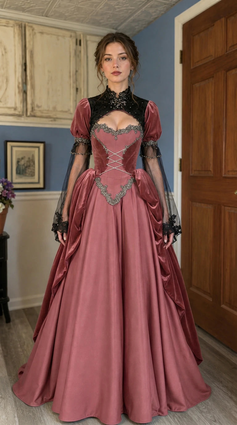 Victorian Gothic velvet ball gown in dusty rose