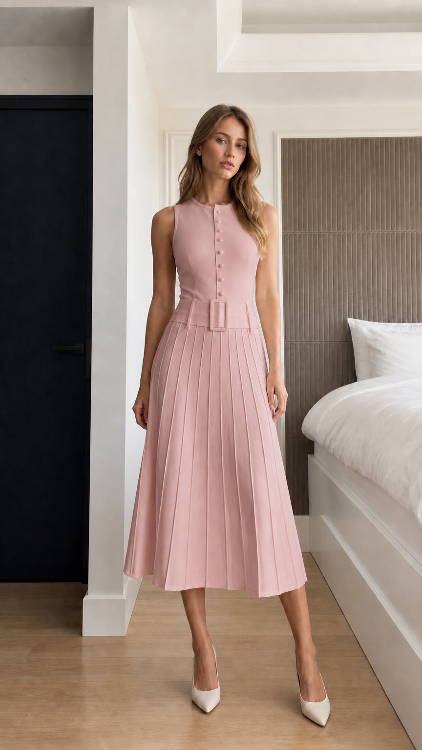 Front view of model wearing blush pink sleeveless pleated belted midi dress