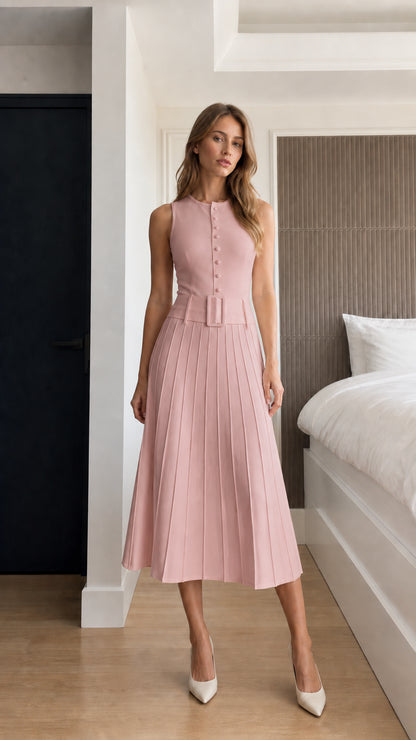 Front view of model wearing blush pink sleeveless pleated belted midi dress