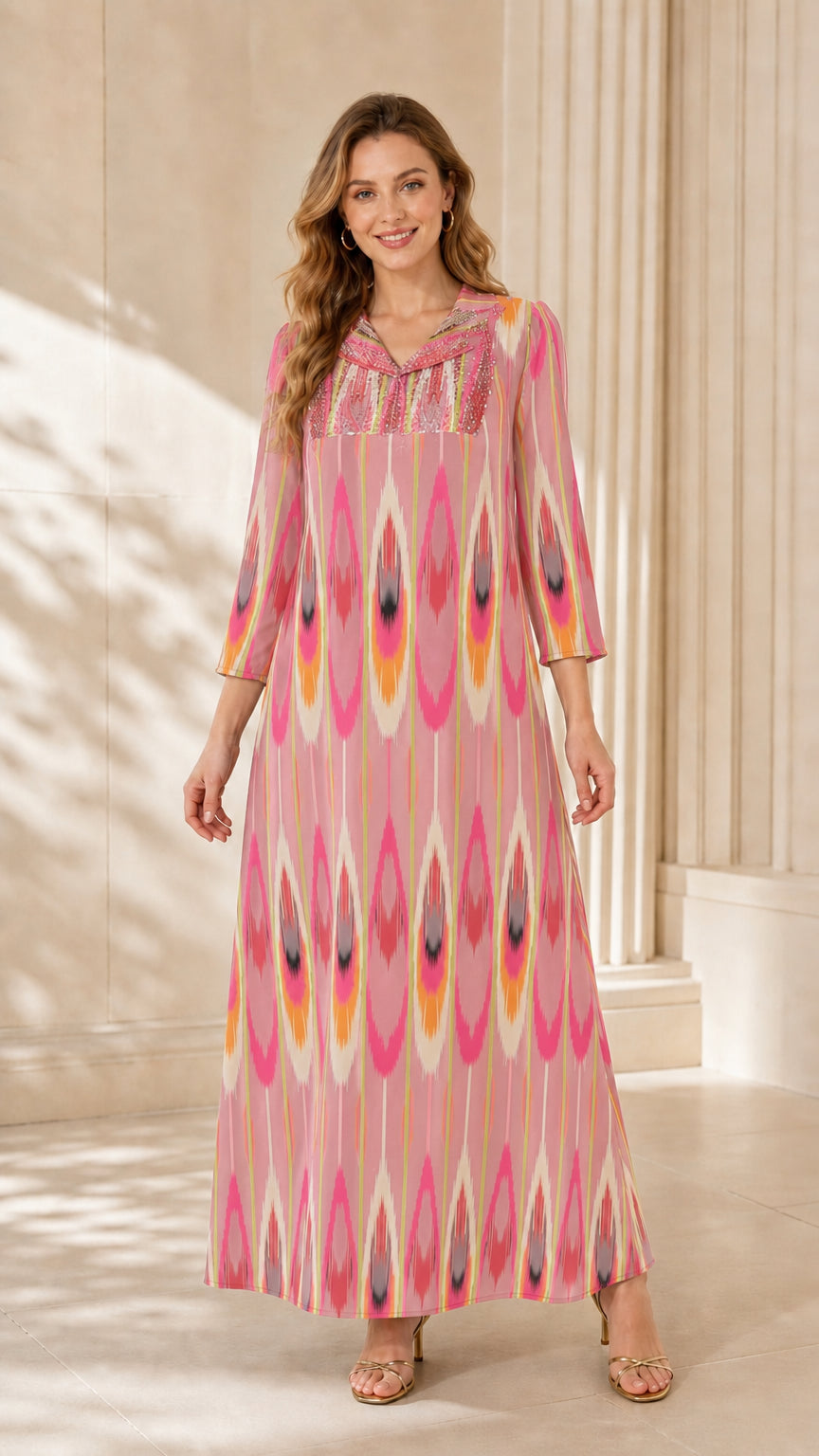 Model wearing Pink Multi geometric ikat print maxi dress