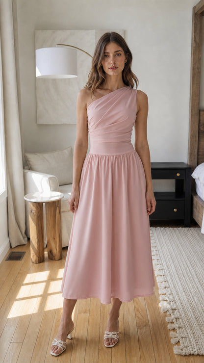 Front view of pink one-shoulder midi dress