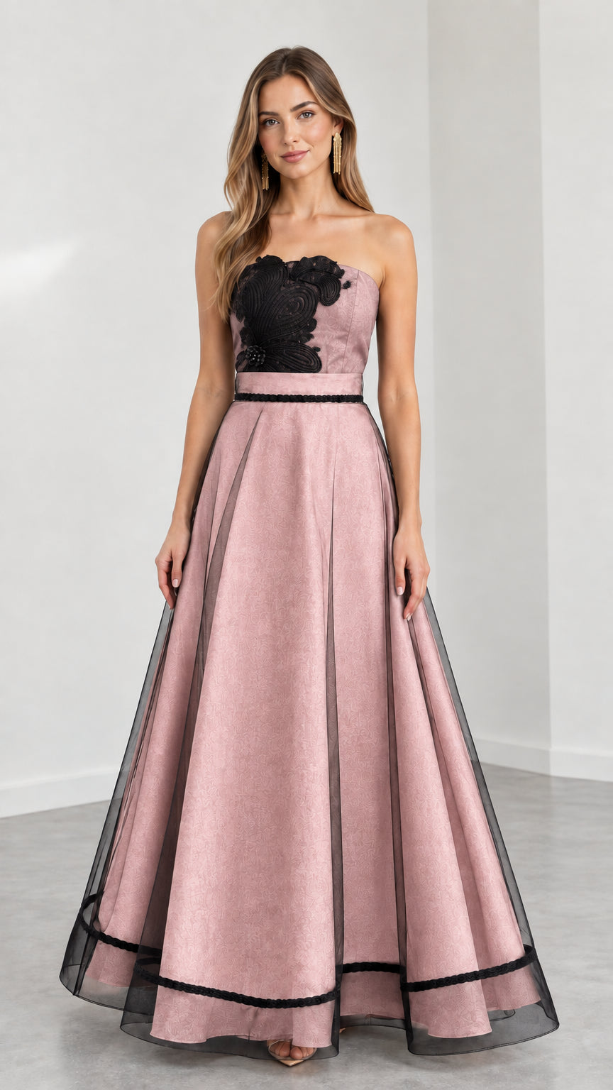 Model wearing Dusty Pink strapless embroidered A-line evening gown