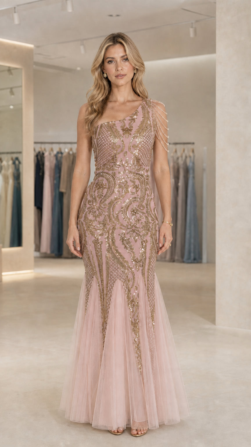 Blush pink one-shoulder embroidered sequin evening dress with soft tulle skirt
