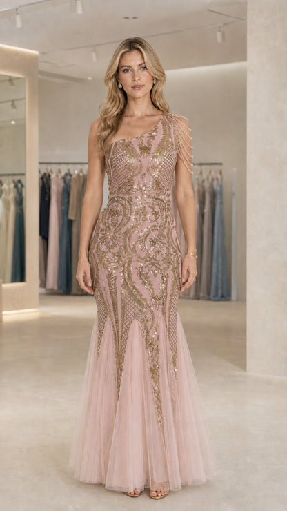 Blush pink one-shoulder embroidered sequin evening dress with soft tulle skirt