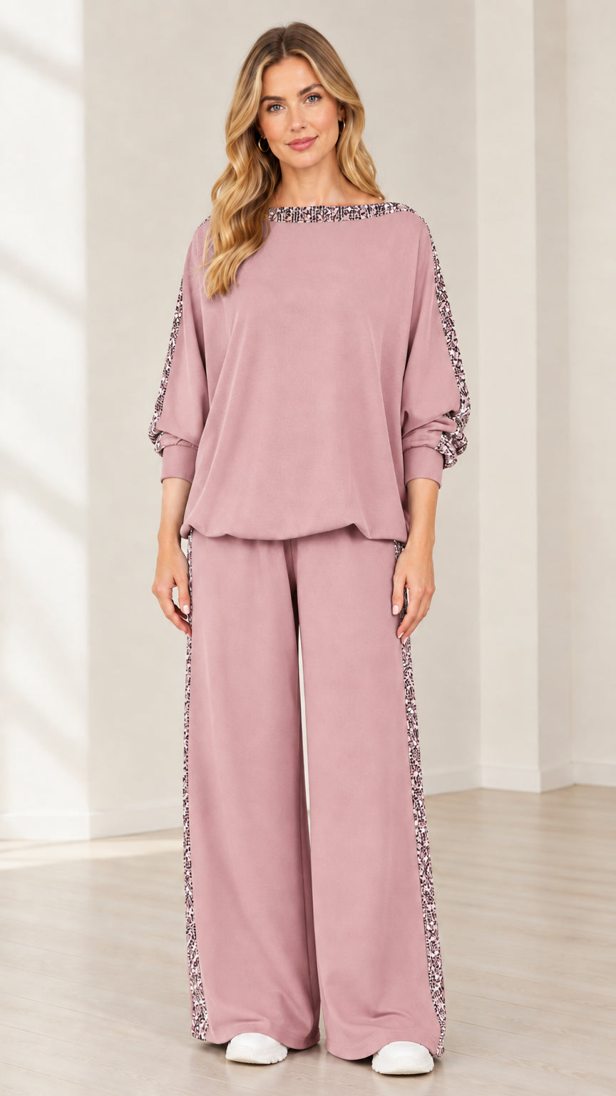 Woman wearing dusty rose pink 2-piece sequin trim relaxed outfit