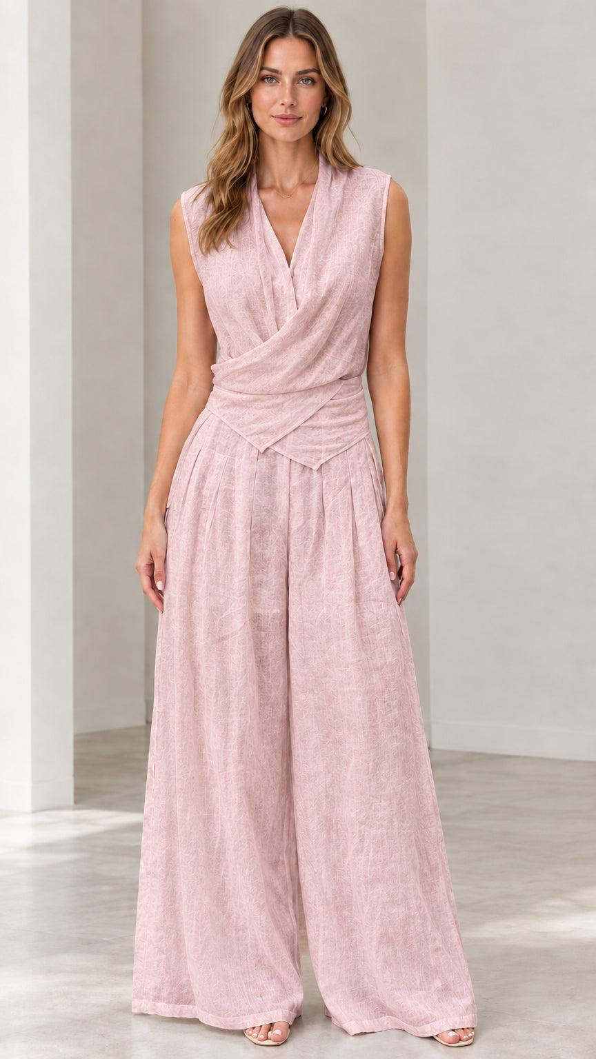 Front view of woman wearing blush pink sleeveless draped wide-leg jumpsuit