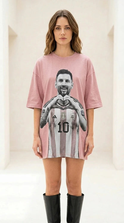Front view of pink color variant of graphic t-shirt dress