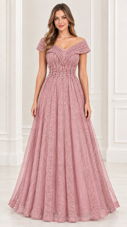 Dusty rose off-the-shoulder pleated bodice A-line formal gown
