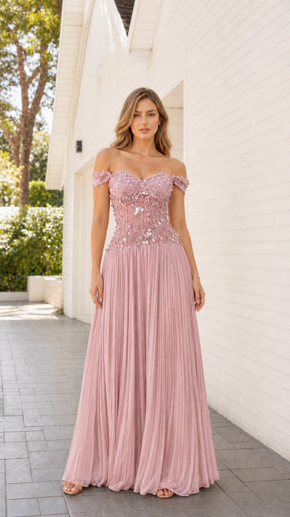 Front view of pink beaded corset evening dress