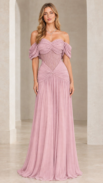 Full front view of woman wearing the Dusty Pink corset ruched chiffon evening gown