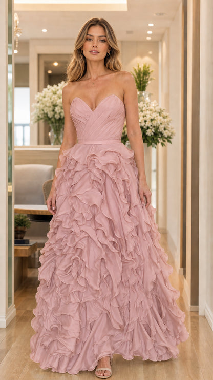 Model wearing blush pink strapless ruffled evening dress