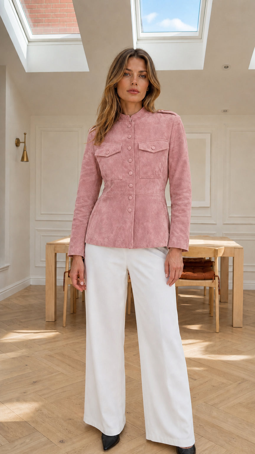 Model wearing dusty pink faux suede button-front tailored jacket with chest flap pockets