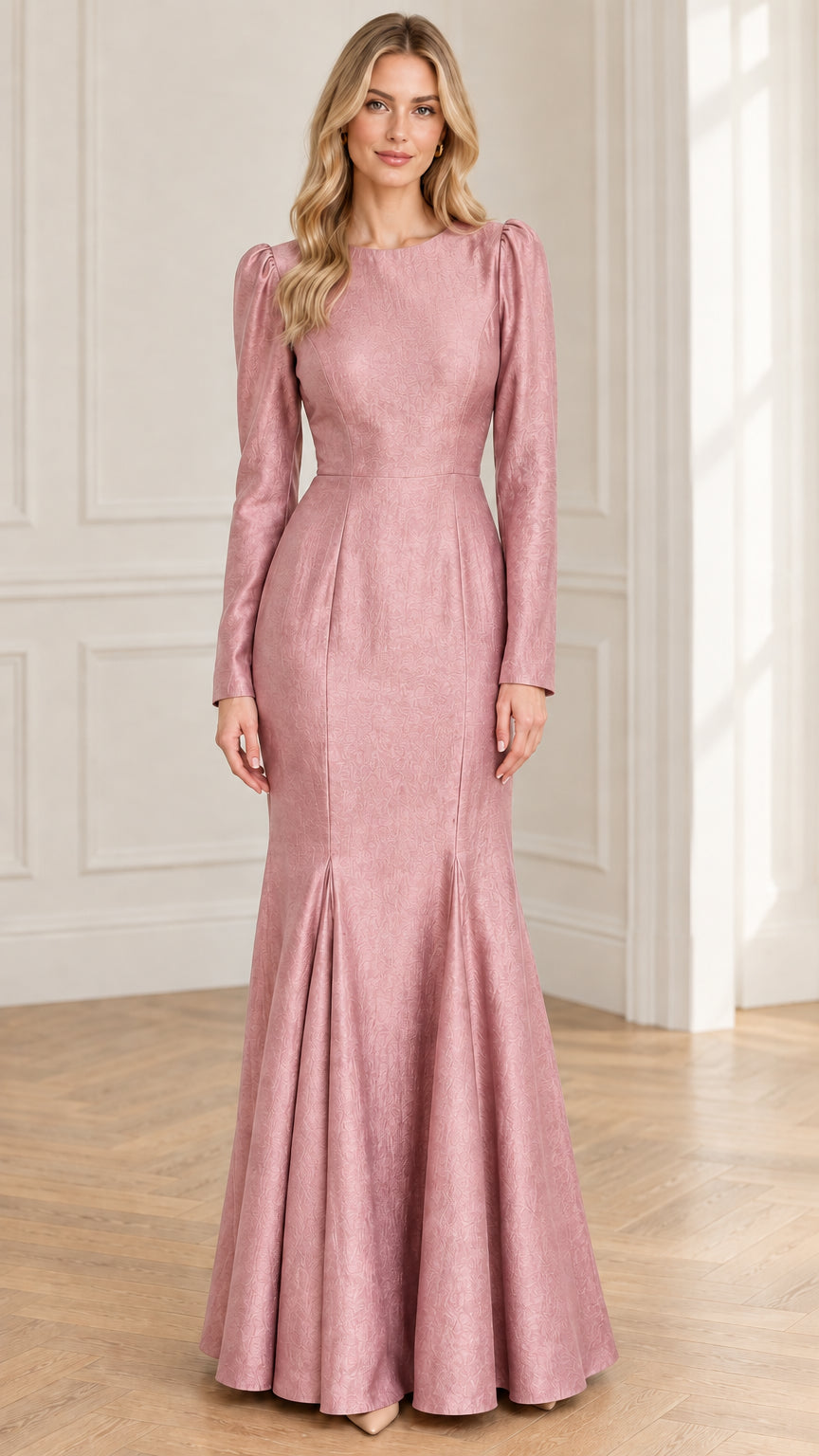 Dusty Pink long sleeve jacquard mermaid formal dress