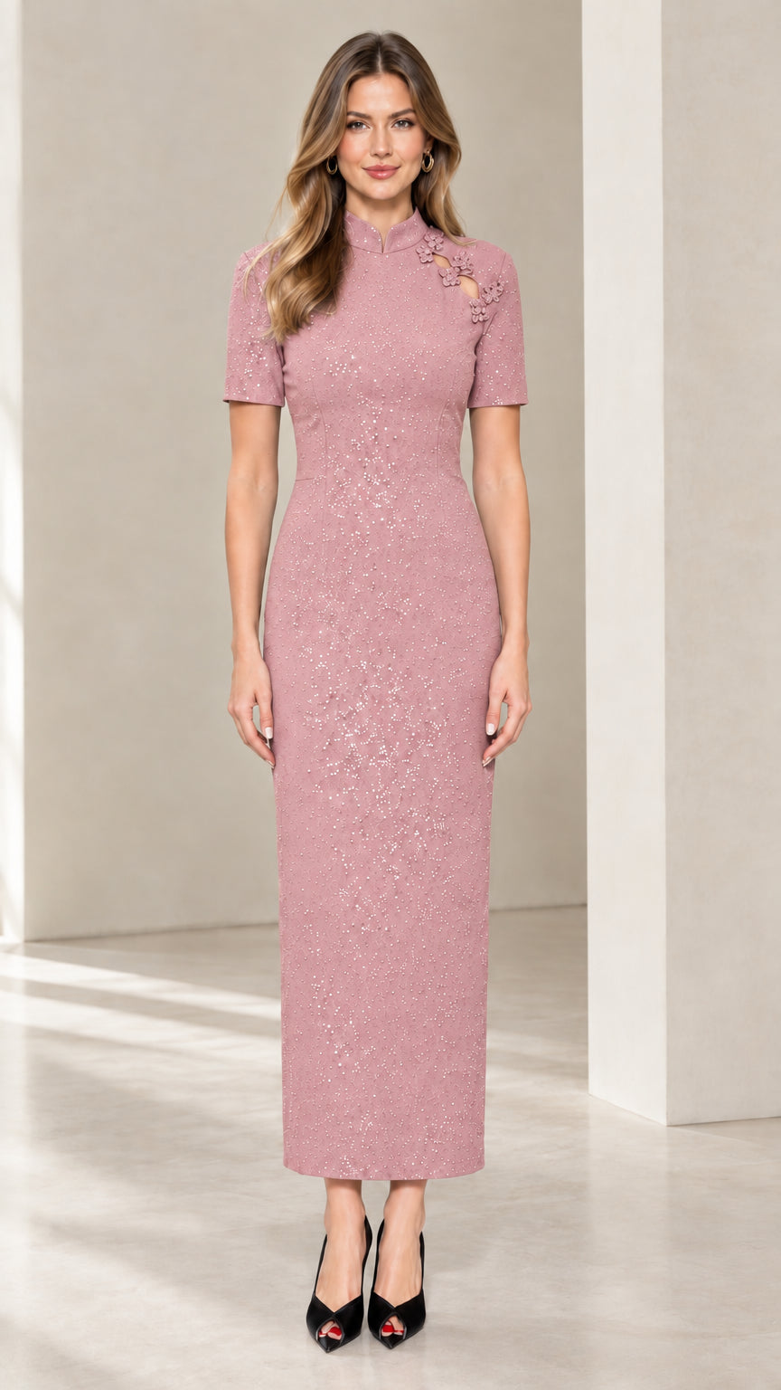 Dusty pink shimmer mandarin collar evening maxi dress front view