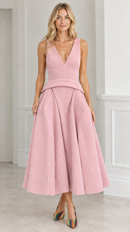 Front view of dusty pink sleeveless V-neck pleated midi dress