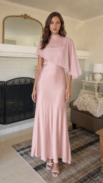 Front view of Dusty Pink mock neck cape maxi dress
