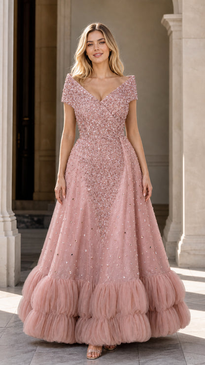 Front view of dusty pink sequin tulle ball gown with off-the-shoulder neckline