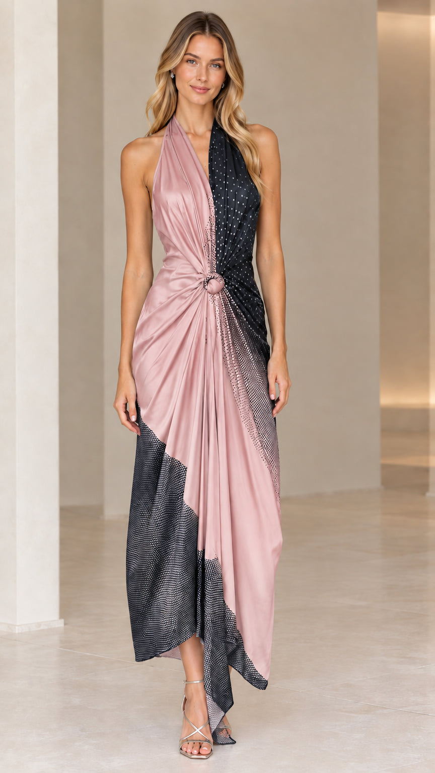 Front view of model wearing Blush Navy halter backless draped maxi dress