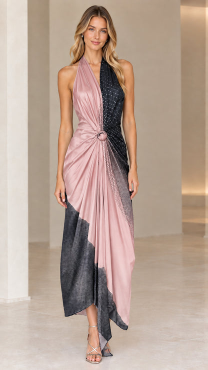 Front view of model wearing Blush Navy halter backless draped maxi dress