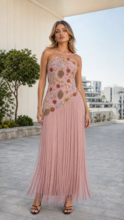Front view of dusty pink strapless beaded fringe evening gown