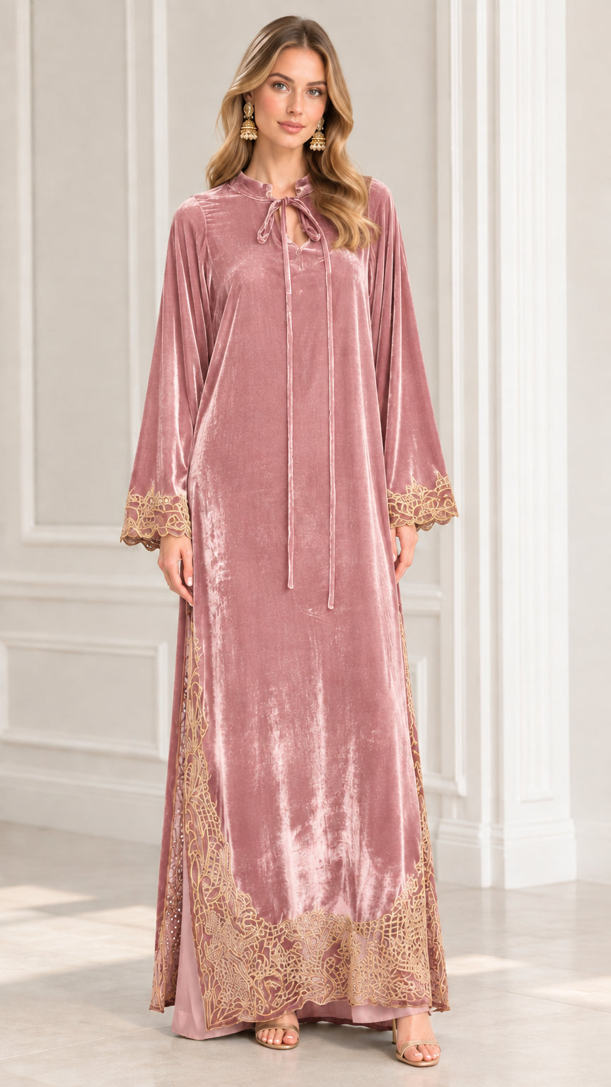 Full front view of model wearing Dusty Pink velvet maxi kaftan dress
