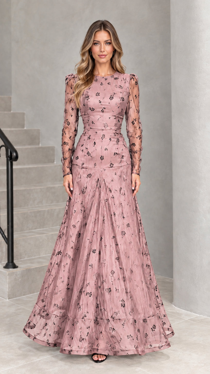Dusty rose floral embroidered long sleeve maxi evening gown